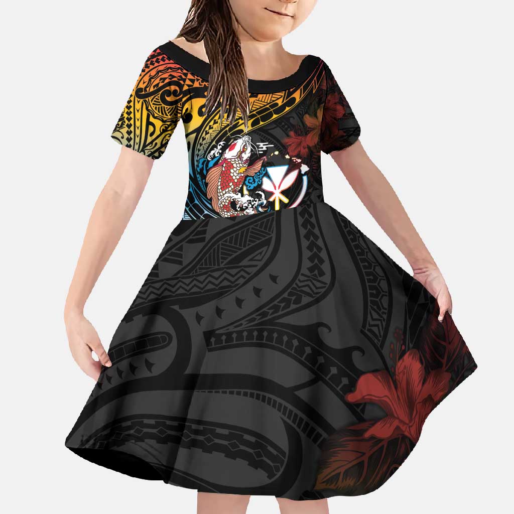 Hawaii And Japan Family Matching Mermaid Dress and Hawaiian Shirt Koi Fish With Kanaka Maoli LT05 Daughter's Dress Black - Polynesian Pride
