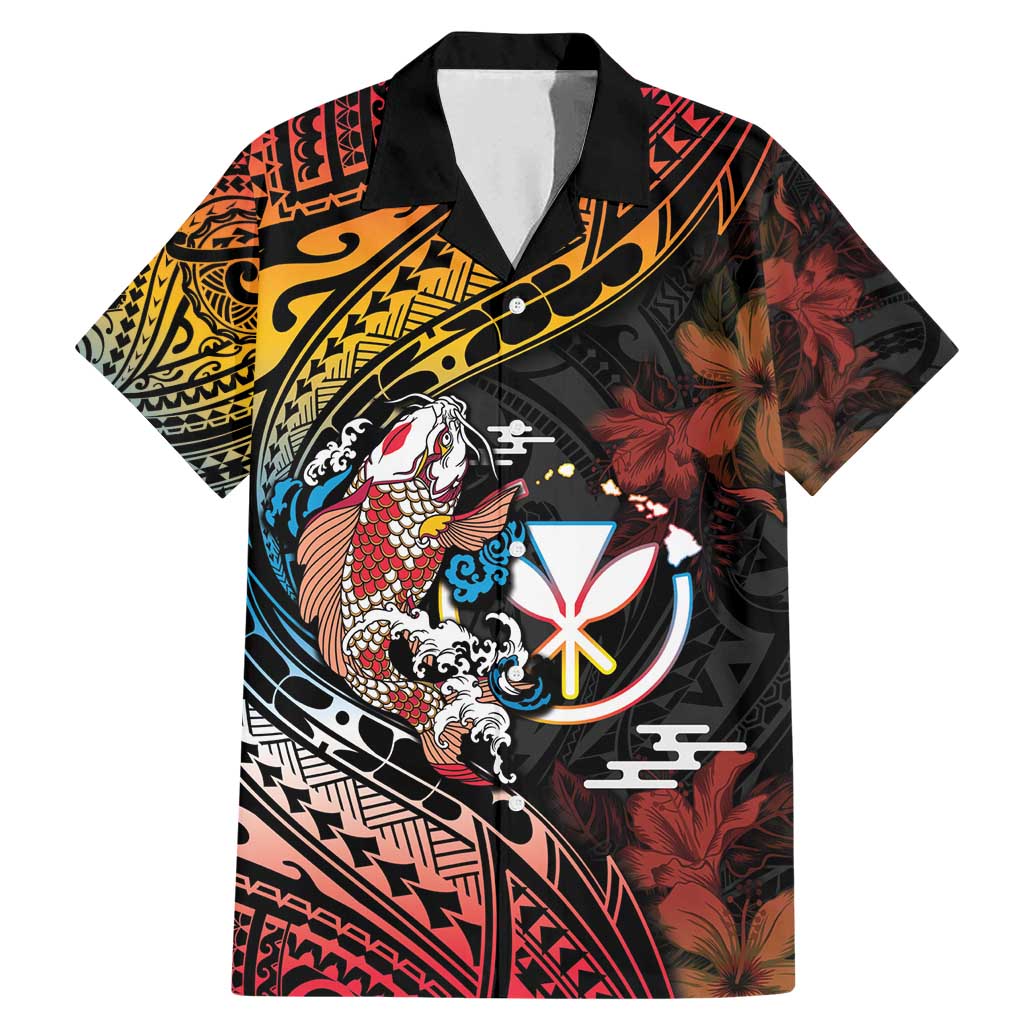 Hawaii And Japan Family Matching Mermaid Dress and Hawaiian Shirt Koi Fish With Kanaka Maoli LT05 Dad's Shirt - Short Sleeve Black - Polynesian Pride