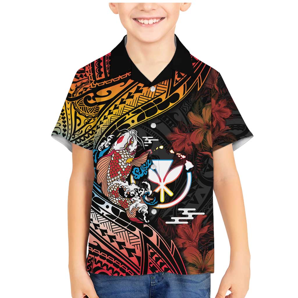 Hawaii And Japan Family Matching Mermaid Dress and Hawaiian Shirt Koi Fish With Kanaka Maoli LT05 Son's Shirt Black - Polynesian Pride