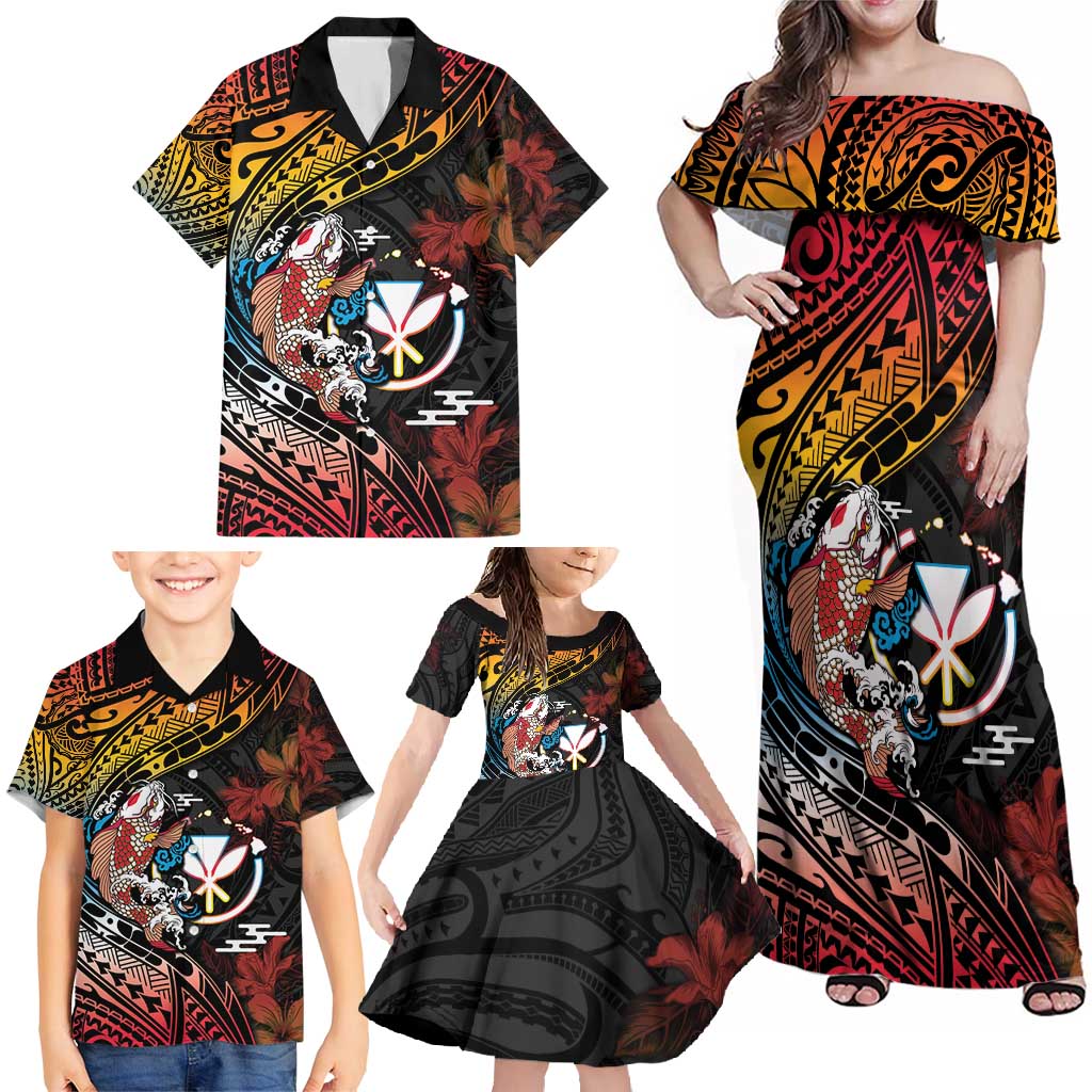 Hawaii And Japan Family Matching Off Shoulder Maxi Dress and Hawaiian Shirt Koi Fish With Kanaka Maoli LT05 - Polynesian Pride