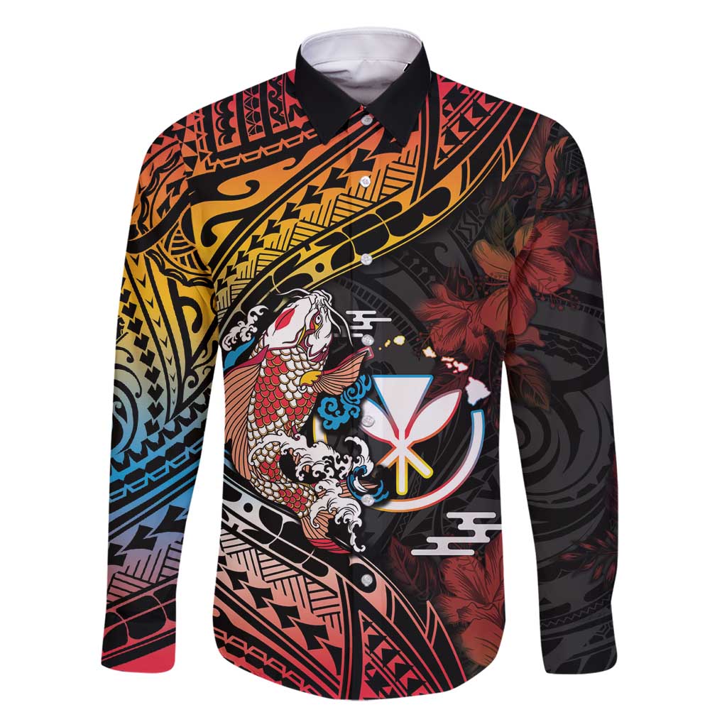 Hawaii And Japan Family Matching Off Shoulder Maxi Dress and Hawaiian Shirt Koi Fish With Kanaka Maoli LT05 Dad's Shirt - Long Sleeve Black - Polynesian Pride