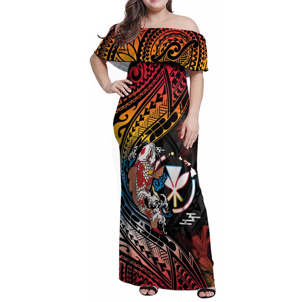 Hawaii And Japan Family Matching Off Shoulder Maxi Dress and Hawaiian Shirt Koi Fish With Kanaka Maoli LT05 Mom's Dress Black - Polynesian Pride