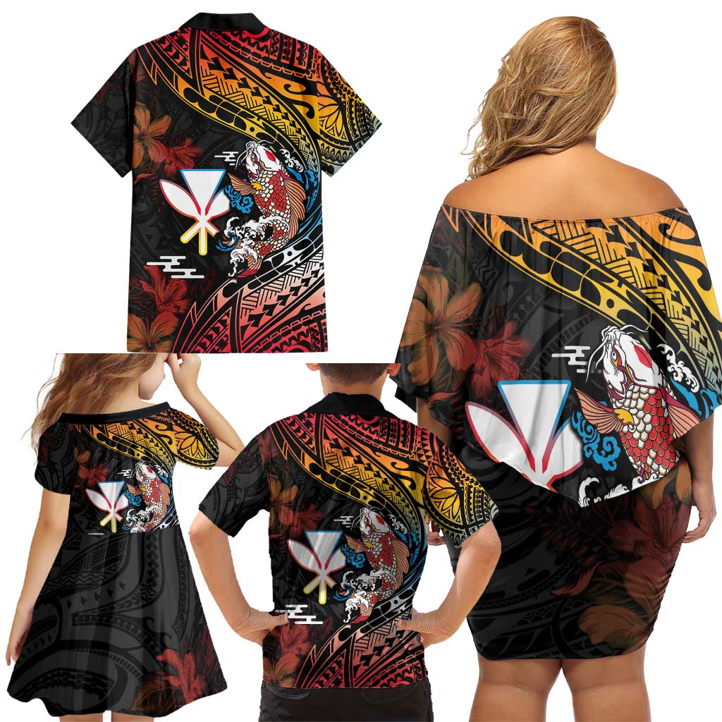 Hawaii And Japan Family Matching Off Shoulder Short Dress and Hawaiian Shirt Koi Fish With Kanaka Maoli LT05 - Polynesian Pride