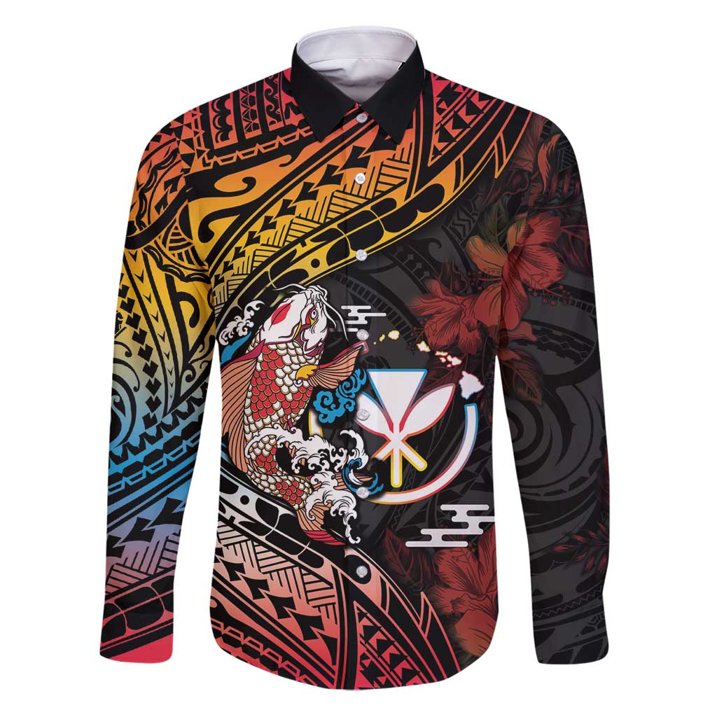 Hawaii And Japan Family Matching Puletasi and Hawaiian Shirt Koi Fish With Kanaka Maoli LT05 Dad's Shirt - Long Sleeve Black - Polynesian Pride