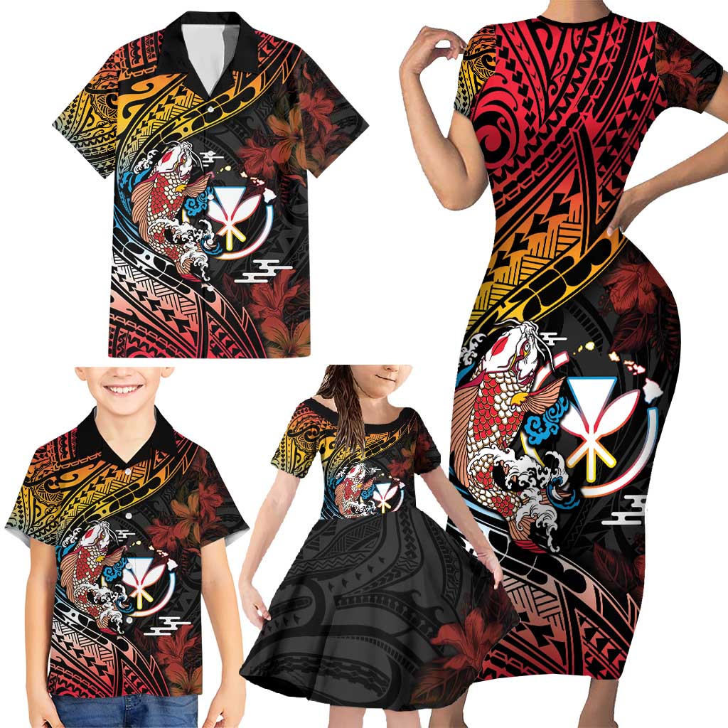 Hawaii And Japan Family Matching Short Sleeve Bodycon Dress and Hawaiian Shirt Koi Fish With Kanaka Maoli LT05 - Polynesian Pride