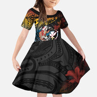 Hawaii And Japan Family Matching Summer Maxi Dress and Hawaiian Shirt Koi Fish With Kanaka Maoli LT05 Daughter's Dress Black - Polynesian Pride