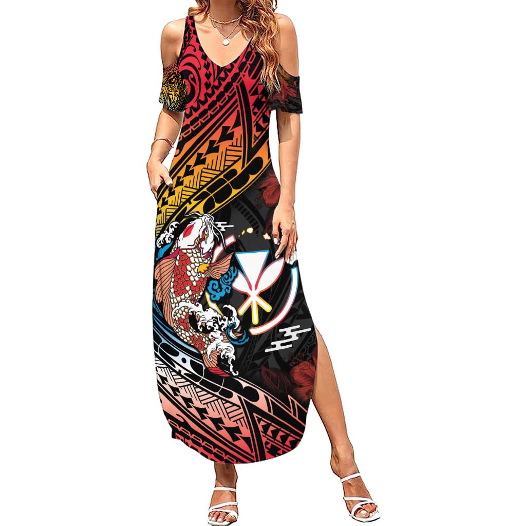 Hawaii And Japan Family Matching Summer Maxi Dress and Hawaiian Shirt Koi Fish With Kanaka Maoli LT05 Mom's Dress Black - Polynesian Pride