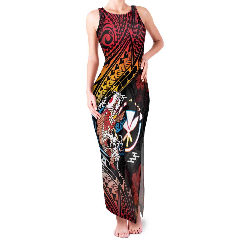 Hawaii And Japan Family Matching Tank Maxi Dress and Hawaiian Shirt Koi Fish With Kanaka Maoli LT05 Mom's Dress Black - Polynesian Pride