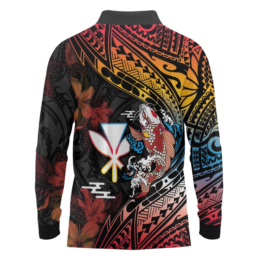Hawaii And Japan Long Sleeve Polo Shirt Koi Fish With Kanaka Maoli