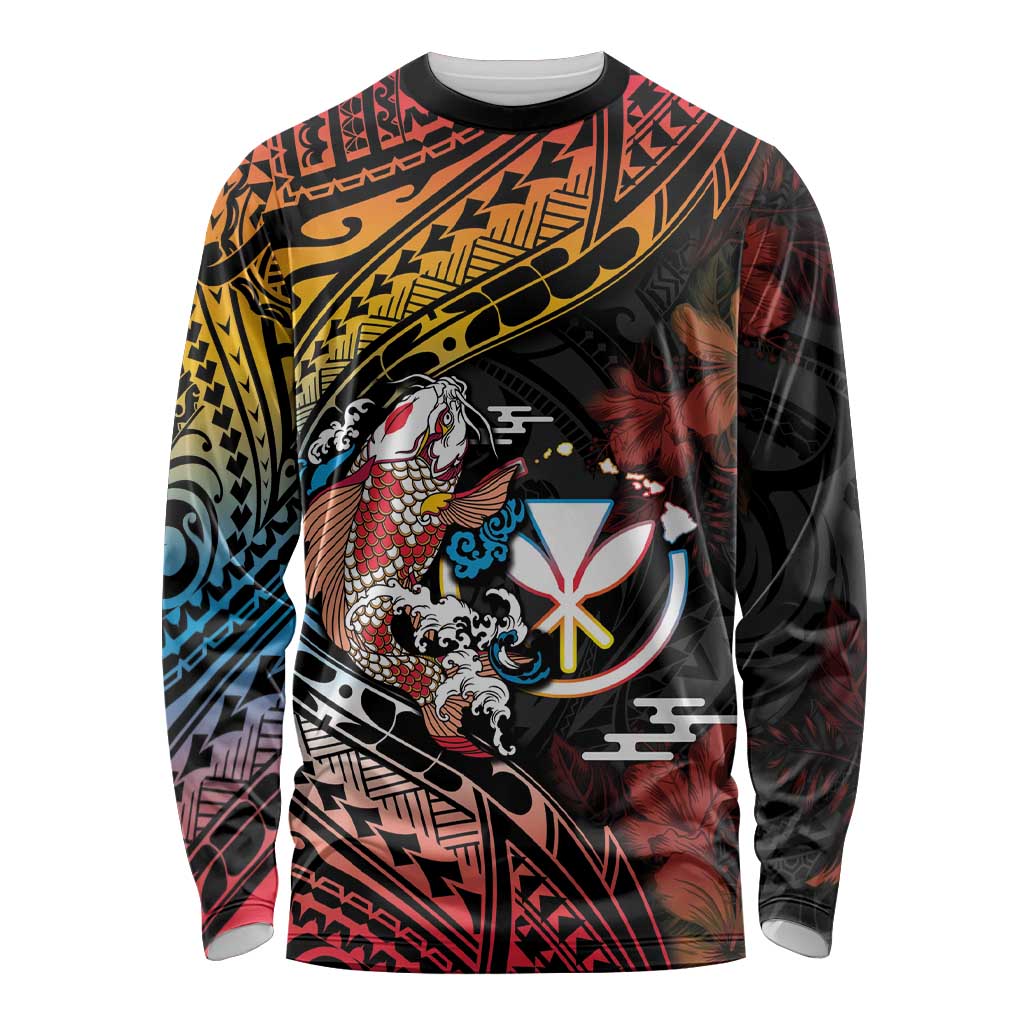 Hawaii And Japan Long Sleeve Shirt Koi Fish With Kanaka Maoli LT05 Unisex Black - Polynesian Pride
