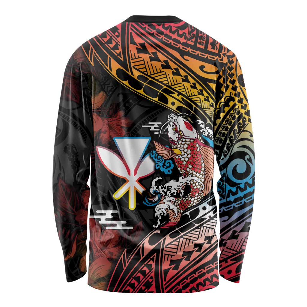 Hawaii And Japan Long Sleeve Shirt Koi Fish With Kanaka Maoli LT05 - Polynesian Pride