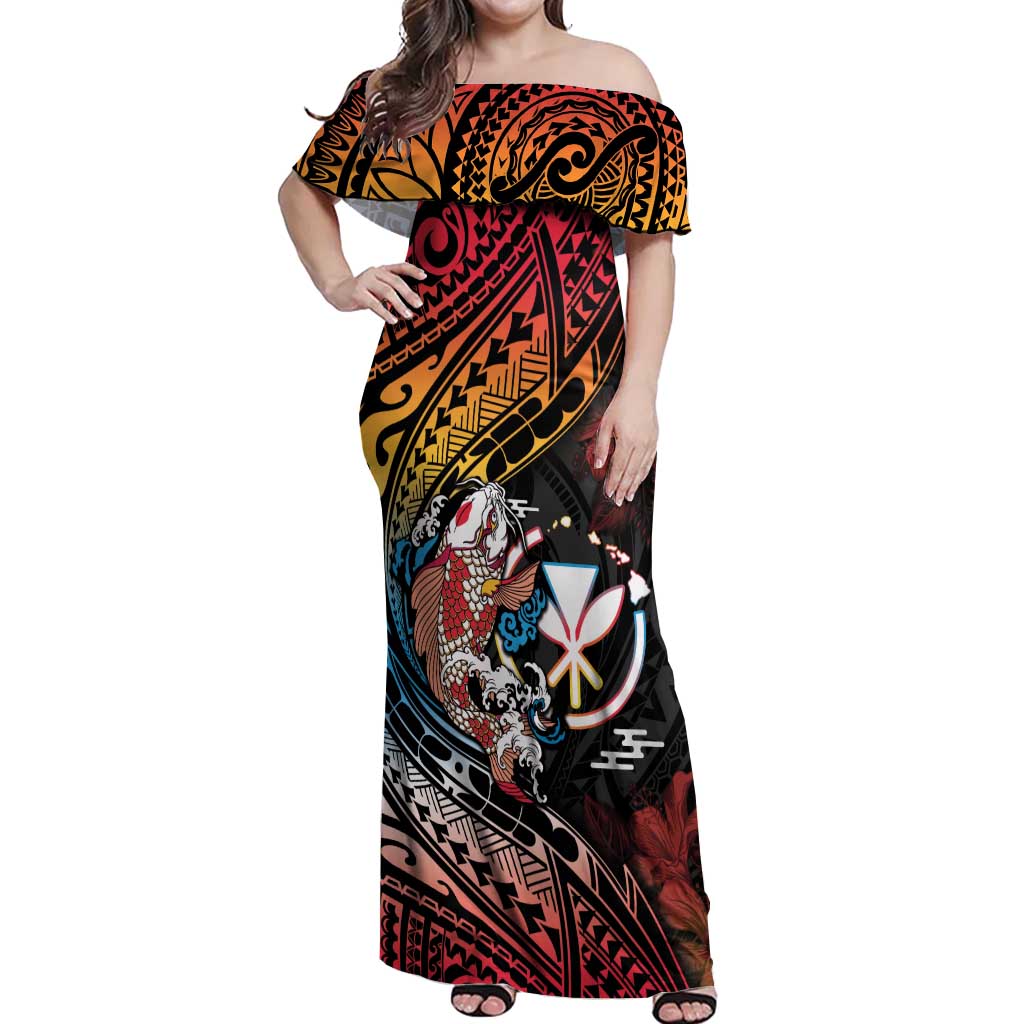 Hawaii And Japan Off Shoulder Maxi Dress Koi Fish With Kanaka Maoli LT05 Women Black - Polynesian Pride
