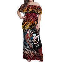 Hawaii And Japan Off Shoulder Maxi Dress Koi Fish With Kanaka Maoli LT05 Women Black - Polynesian Pride
