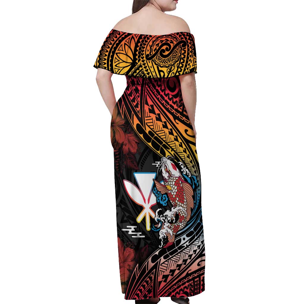Hawaii And Japan Off Shoulder Maxi Dress Koi Fish With Kanaka Maoli LT05 - Polynesian Pride