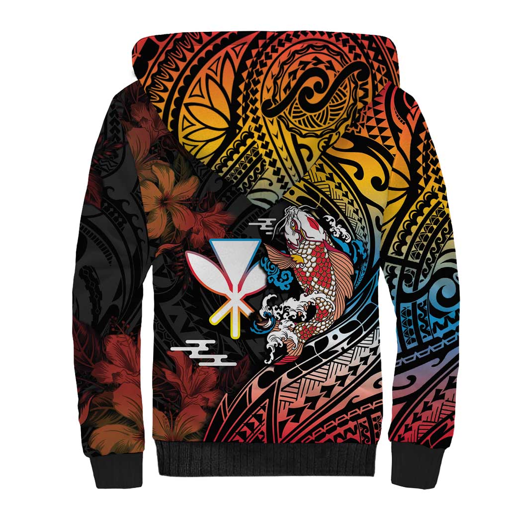 Hawaii And Japan Sherpa Hoodie Koi Fish With Kanaka Maoli LT05 - Polynesian Pride