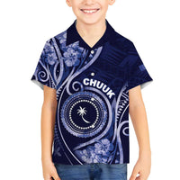 Personalised FSM Chuuk Family Matching Long Sleeve Bodycon Dress and Hawaiian Shirt Ocean Floral Pattern LT05 Son's Shirt Navy - Polynesian Pride
