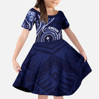 Personalised FSM Chuuk Family Matching Off The Shoulder Long Sleeve Dress and Hawaiian Shirt Ocean Floral Pattern LT05 Daughter's Dress Navy - Polynesian Pride