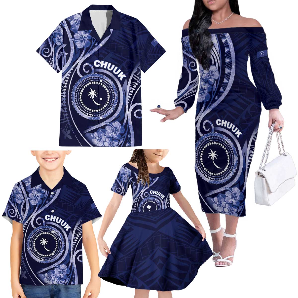 Personalised FSM Chuuk Family Matching Off The Shoulder Long Sleeve Dress and Hawaiian Shirt Ocean Floral Pattern LT05 - Polynesian Pride