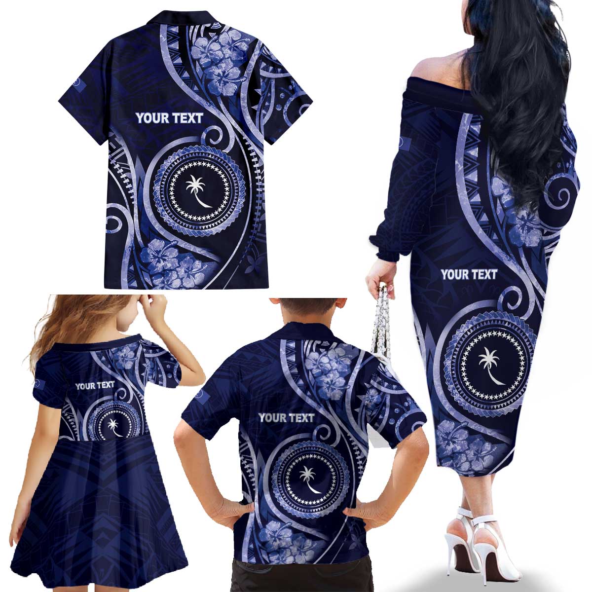 Personalised FSM Chuuk Family Matching Off The Shoulder Long Sleeve Dress and Hawaiian Shirt Ocean Floral Pattern LT05 - Polynesian Pride