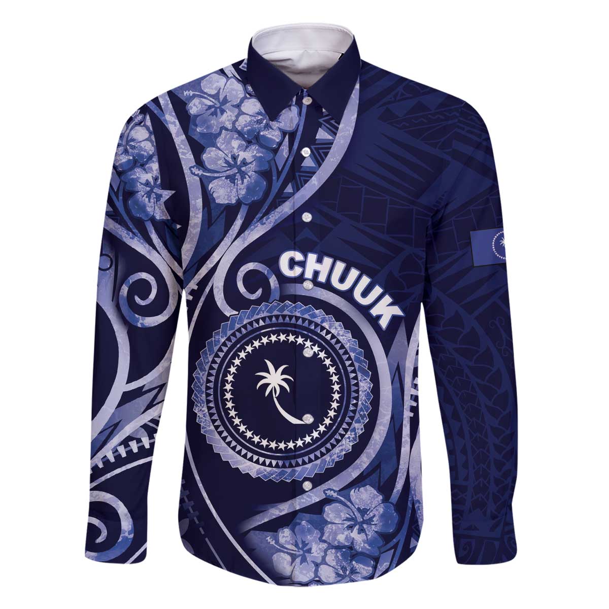 Personalised FSM Chuuk Family Matching Off The Shoulder Long Sleeve Dress and Hawaiian Shirt Ocean Floral Pattern LT05 Dad's Shirt - Long Sleeve Navy - Polynesian Pride