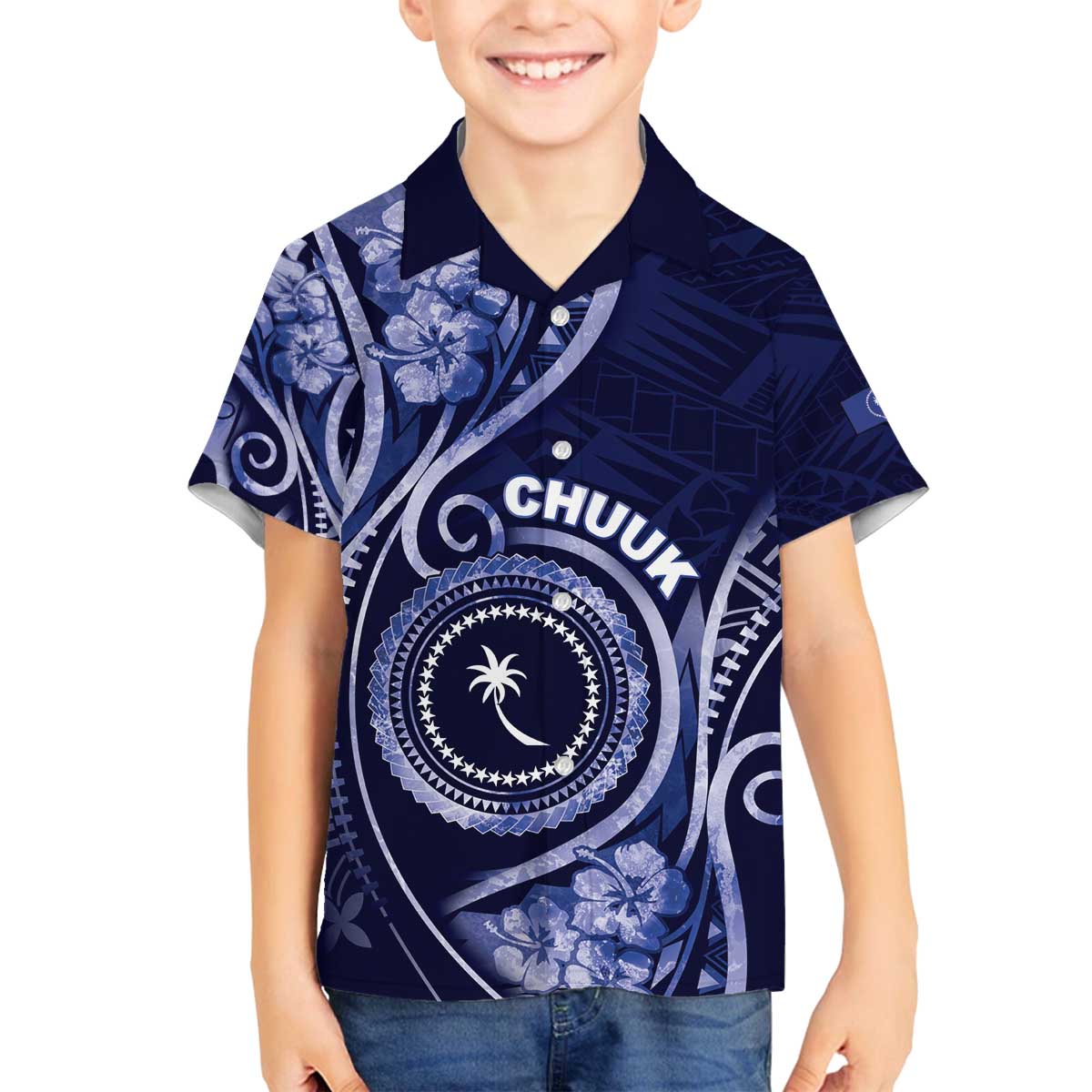 Personalised FSM Chuuk Family Matching Off The Shoulder Long Sleeve Dress and Hawaiian Shirt Ocean Floral Pattern LT05 Son's Shirt Navy - Polynesian Pride