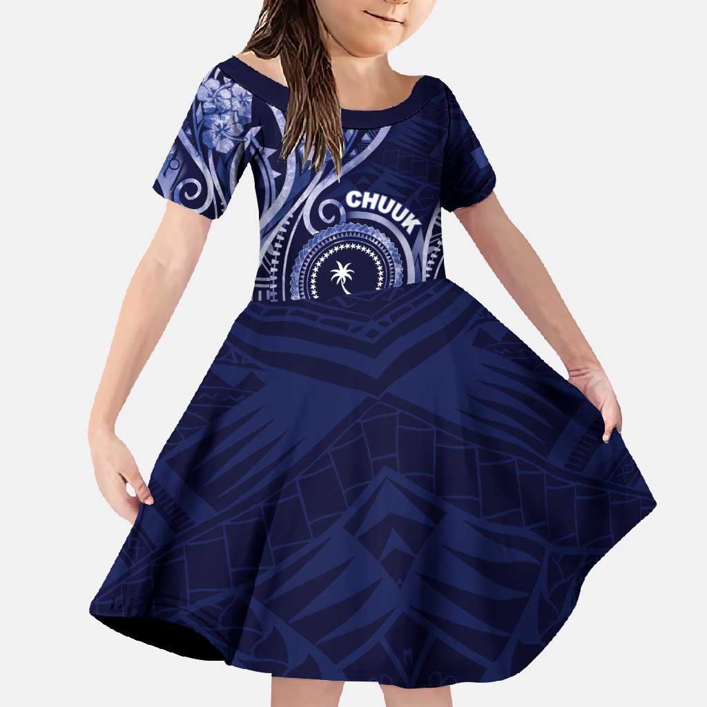 Personalised FSM Chuuk Family Matching Short Sleeve Bodycon Dress and Hawaiian Shirt Ocean Floral Pattern LT05 Daughter's Dress Navy - Polynesian Pride