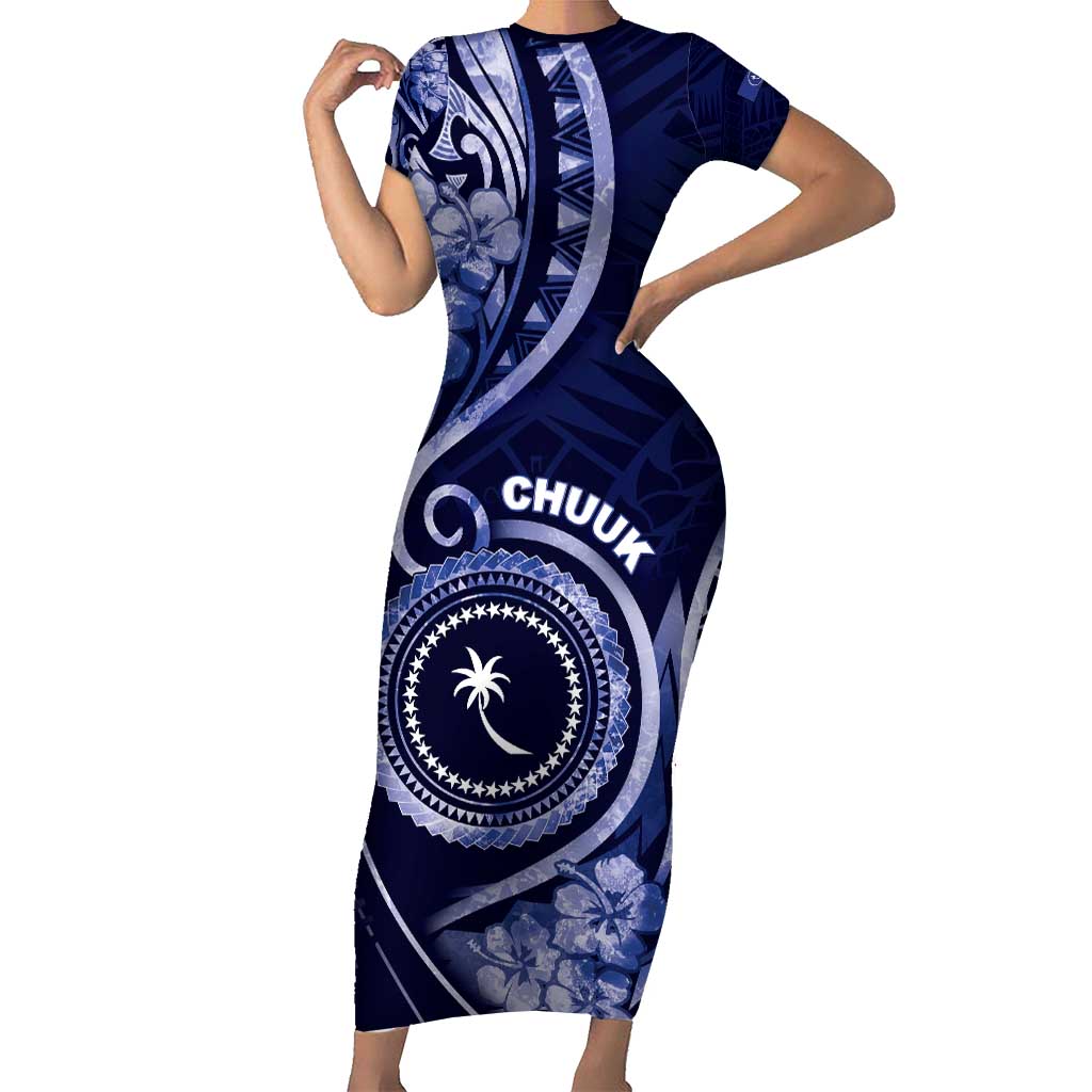 Personalised FSM Chuuk Family Matching Short Sleeve Bodycon Dress and Hawaiian Shirt Ocean Floral Pattern LT05 Mom's Dress Navy - Polynesian Pride