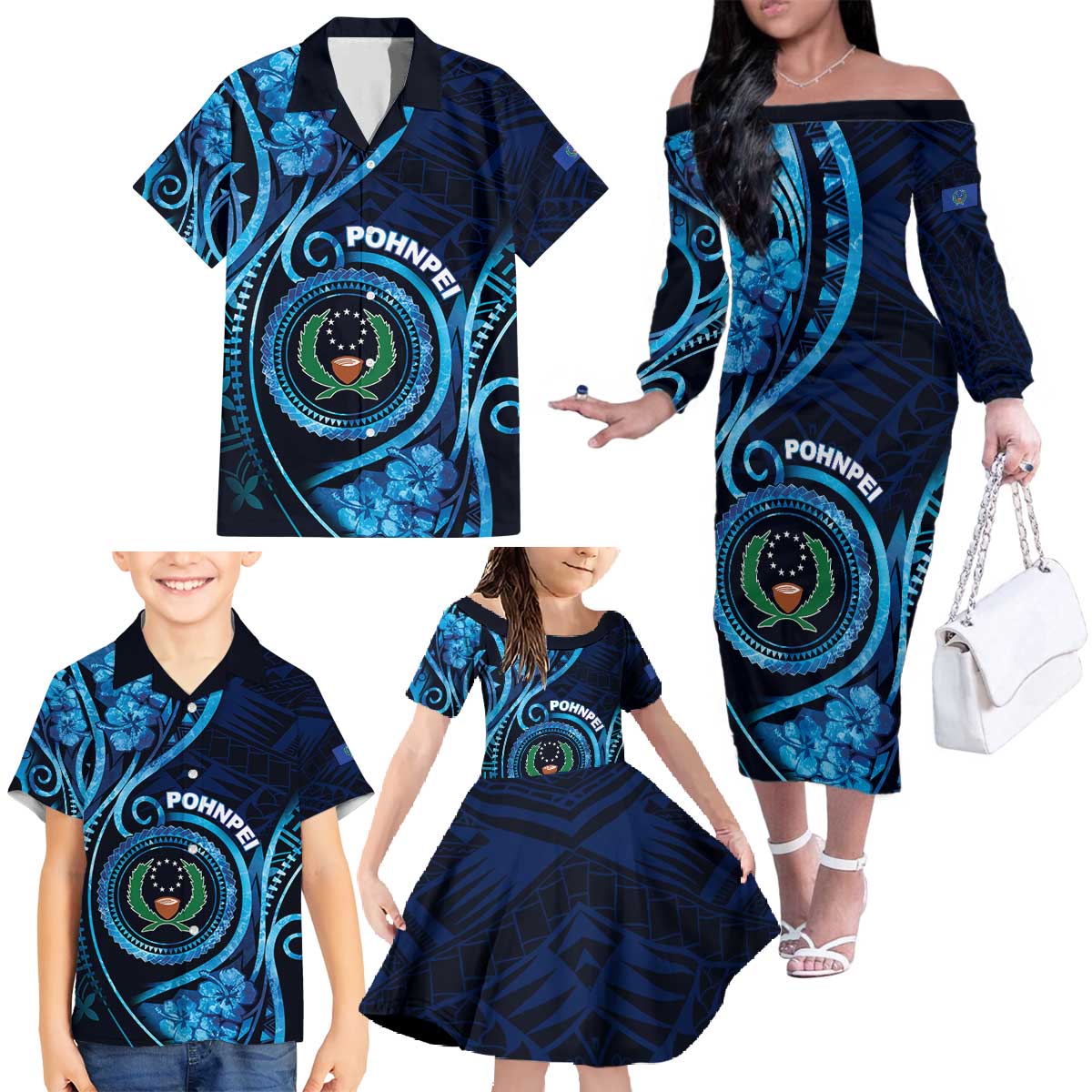 Personalised FSM Pohnpei Family Matching Off The Shoulder Long Sleeve Dress and Hawaiian Shirt Ocean Floral Pattern LT05 - Polynesian Pride