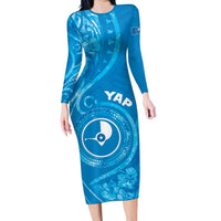 Personalised FSM Yap Family Matching Long Sleeve Bodycon Dress and Hawaiian Shirt Ocean Floral Pattern LT05 Mom's Dress Blue - Polynesian Pride