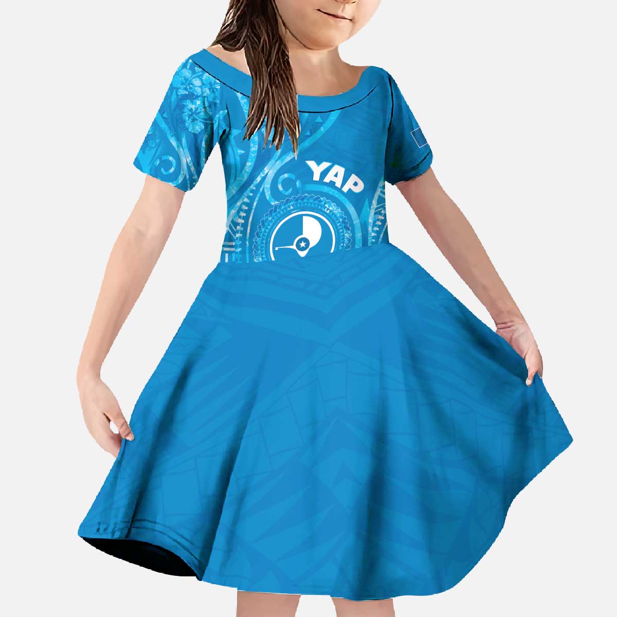 Personalised FSM Yap Family Matching Off The Shoulder Long Sleeve Dress and Hawaiian Shirt Ocean Floral Pattern LT05 Daughter's Dress Blue - Polynesian Pride