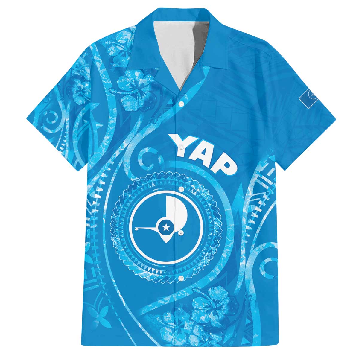 Personalised FSM Yap Family Matching Off The Shoulder Long Sleeve Dress and Hawaiian Shirt Ocean Floral Pattern LT05 Dad's Shirt - Short Sleeve Blue - Polynesian Pride