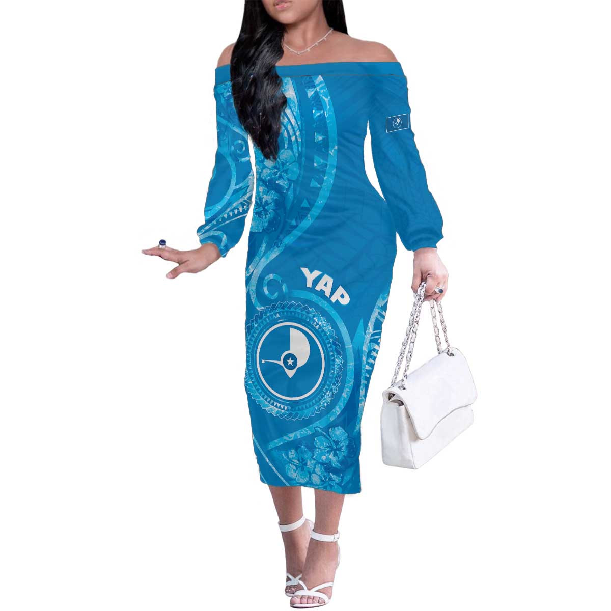 Personalised FSM Yap Family Matching Off The Shoulder Long Sleeve Dress and Hawaiian Shirt Ocean Floral Pattern LT05 Mom's Dress Blue - Polynesian Pride