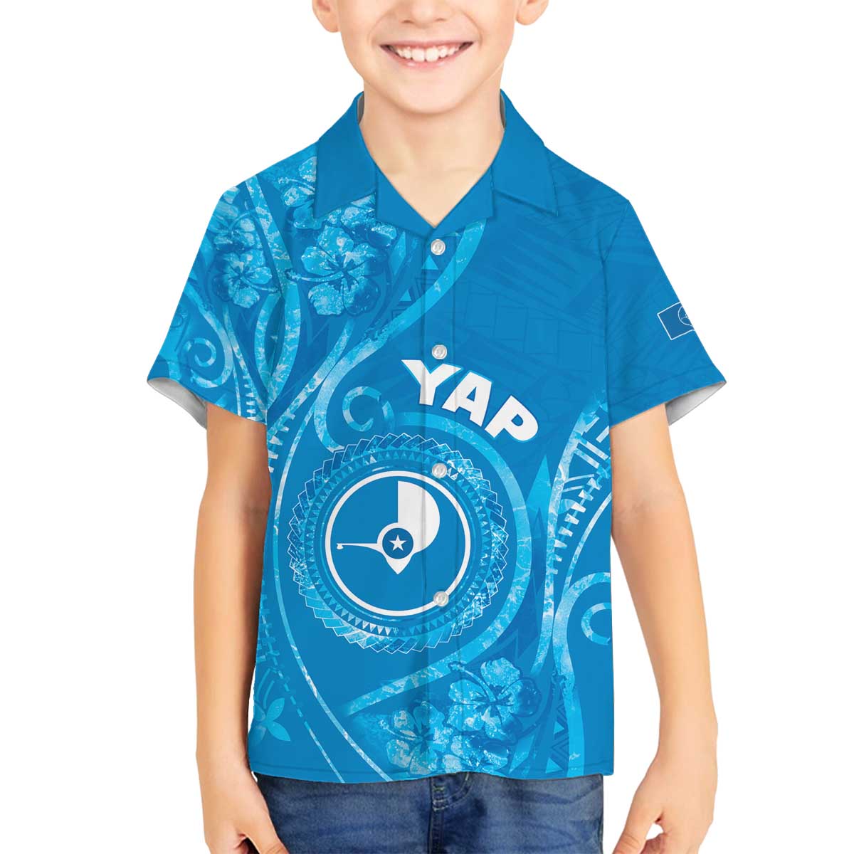 Personalised FSM Yap Family Matching Off The Shoulder Long Sleeve Dress and Hawaiian Shirt Ocean Floral Pattern LT05 Son's Shirt Blue - Polynesian Pride
