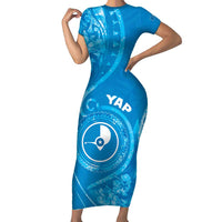 Personalised FSM Yap Family Matching Short Sleeve Bodycon Dress and Hawaiian Shirt Ocean Floral Pattern LT05 Mom's Dress Blue - Polynesian Pride