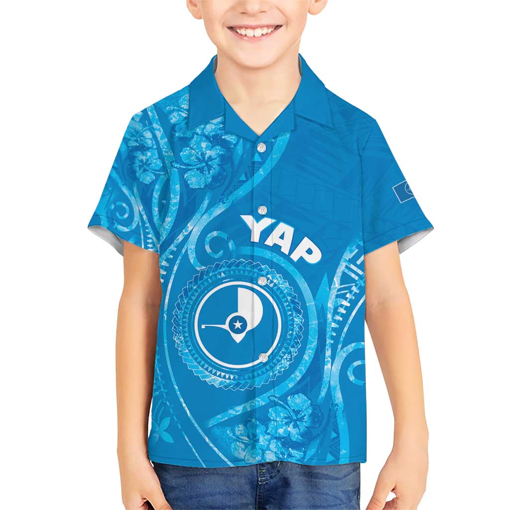 Personalised FSM Yap Family Matching Short Sleeve Bodycon Dress and Hawaiian Shirt Ocean Floral Pattern LT05 Son's Shirt Blue - Polynesian Pride