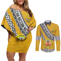 Personalised Anastasis College Couples Matching Off Shoulder Short Dress and Long Sleeve Button Shirt Tonga Unique Style LT05 Yellow - Polynesian Pride
