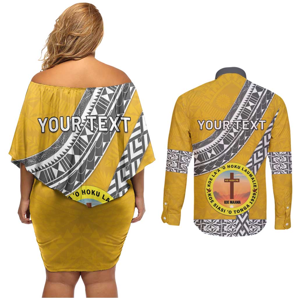 Personalised Anastasis College Couples Matching Off Shoulder Short Dress and Long Sleeve Button Shirt Tonga Unique Style LT05 - Polynesian Pride