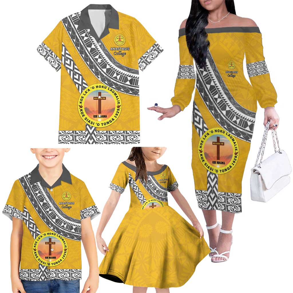 Personalised Anastasis College Family Matching Off The Shoulder Long Sleeve Dress and Hawaiian Shirt Tonga Unique Style - Polynesian Pride