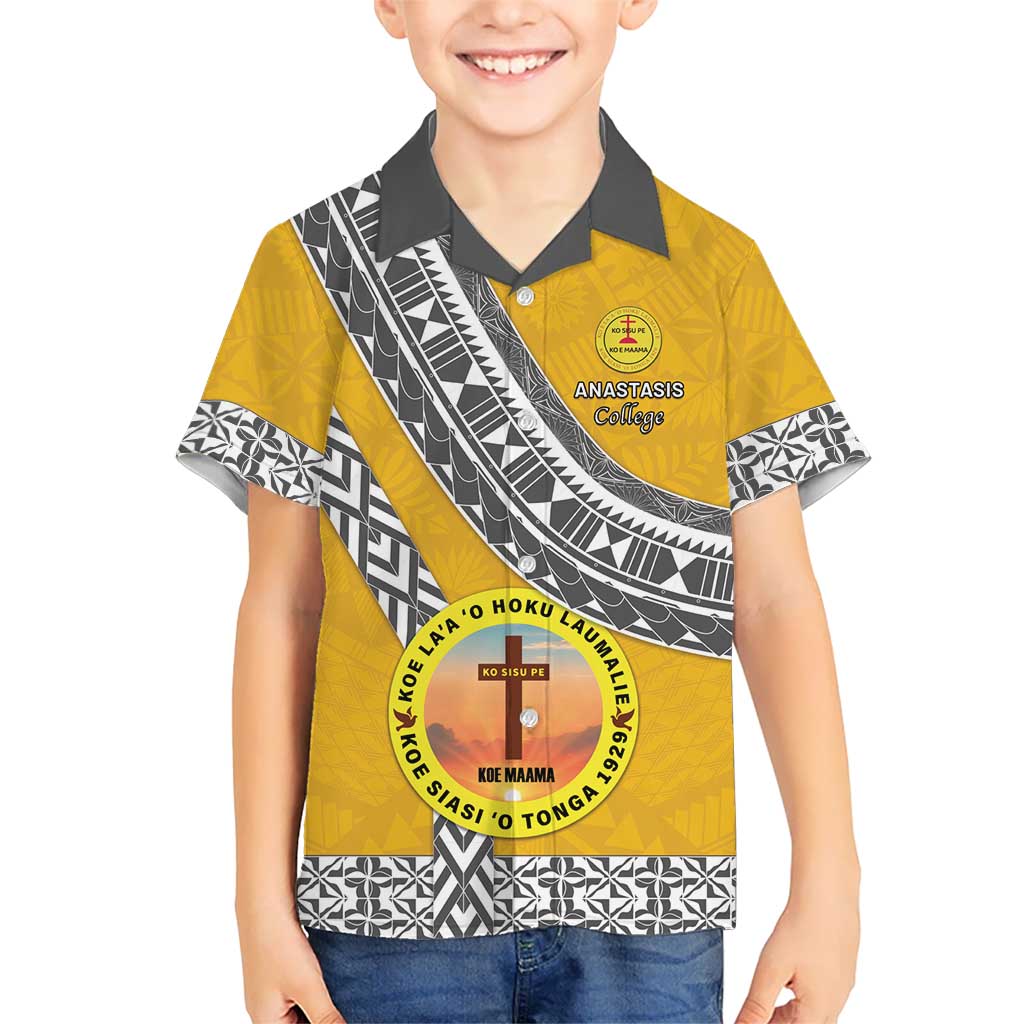 Personalised Anastasis College Family Matching Off The Shoulder Long Sleeve Dress and Hawaiian Shirt Tonga Unique Style LT05 Son's Shirt Yellow - Polynesian Pride
