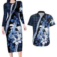 Hawaii Ukulele Couples Matching Long Sleeve Bodycon Dress and Hawaiian Shirt Tropical Flowers With Palaka Effect Blue Version - Polynesian Pride