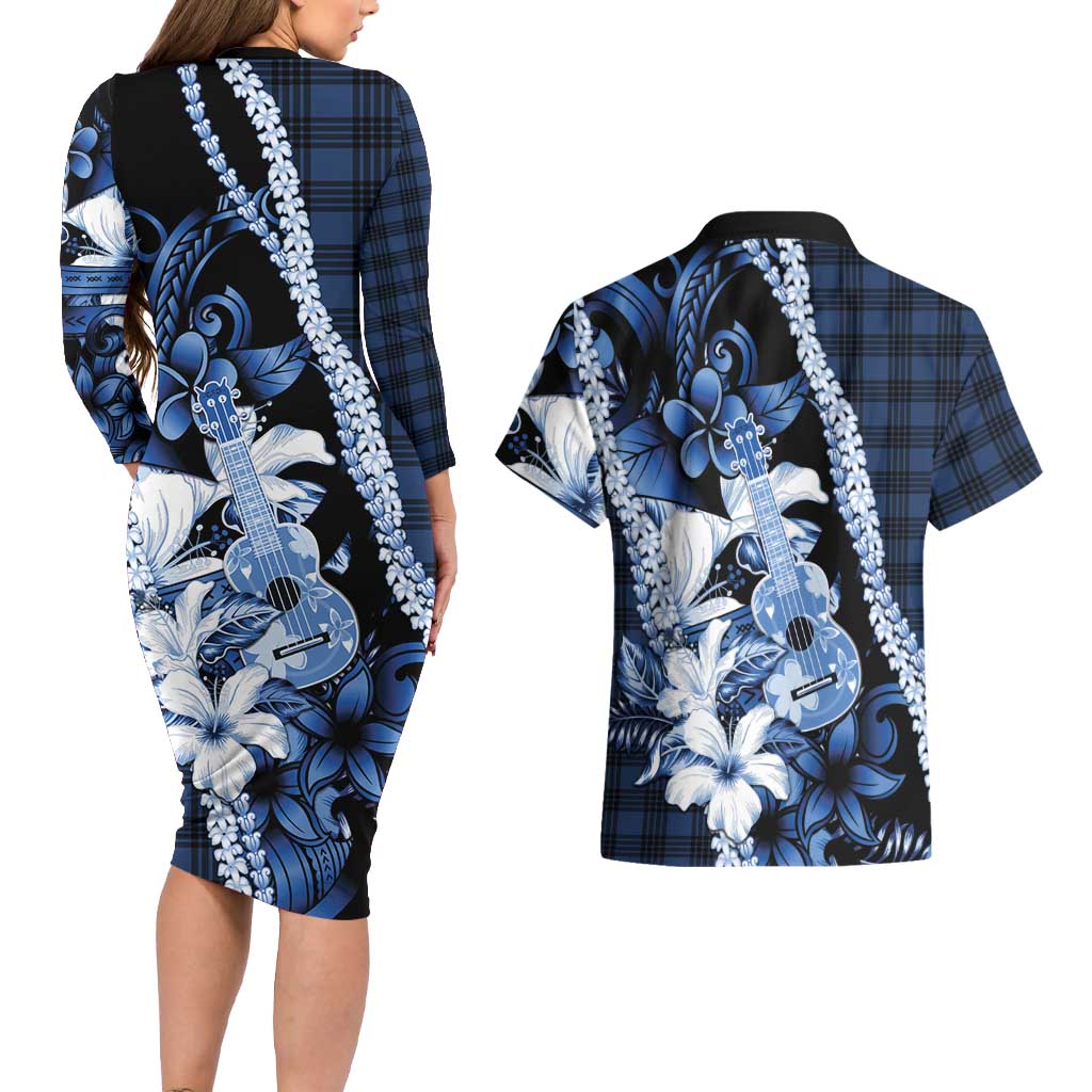 Hawaii Ukulele Couples Matching Long Sleeve Bodycon Dress and Hawaiian Shirt Tropical Flowers With Palaka Effect Blue Version - Polynesian Pride