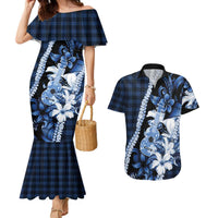 Hawaii Ukulele Couples Matching Mermaid Dress and Hawaiian Shirt Tropical Flowers With Palaka Effect Blue Version - Polynesian Pride