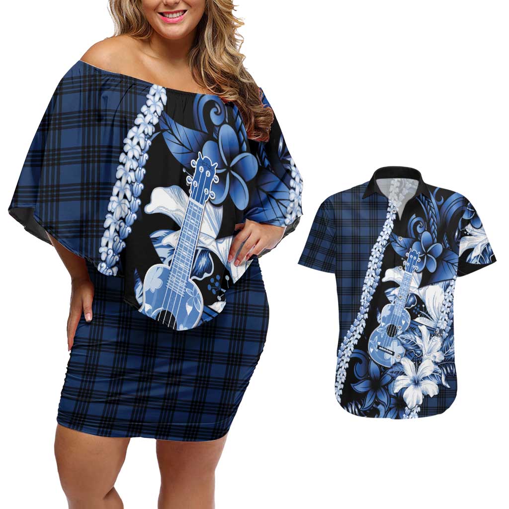 Hawaii Ukulele Couples Matching Off Shoulder Short Dress and Hawaiian Shirt Tropical Flowers With Palaka Effect Blue Version - Polynesian Pride