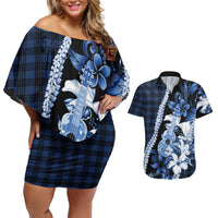 Hawaii Ukulele Couples Matching Off Shoulder Short Dress and Hawaiian Shirt Tropical Flowers With Palaka Effect Blue Version - Polynesian Pride
