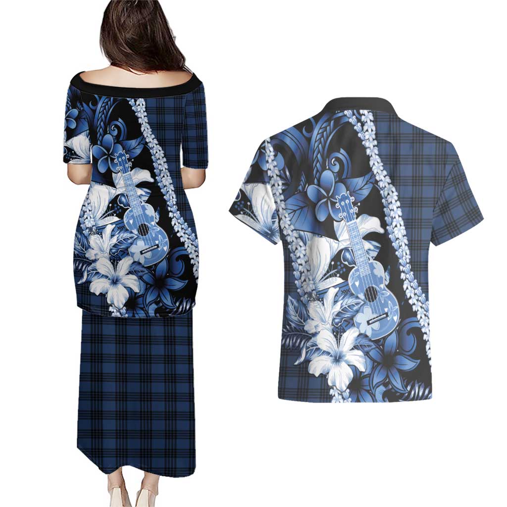Hawaii Ukulele Couples Matching Puletasi and Hawaiian Shirt Tropical Flowers With Palaka Effect Blue Version - Polynesian Pride