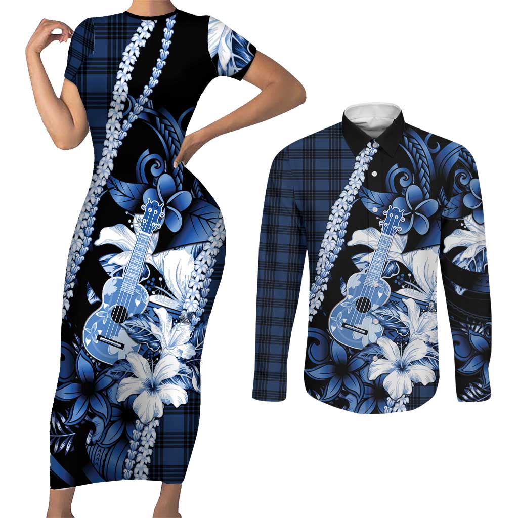 Hawaii Ukulele Couples Matching Short Sleeve Bodycon Dress and Long Sleeve Button Shirt Tropical Flowers With Palaka Effect Blue Version - Polynesian Pride