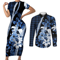 Hawaii Ukulele Couples Matching Short Sleeve Bodycon Dress and Long Sleeve Button Shirt Tropical Flowers With Palaka Effect Blue Version - Polynesian Pride