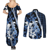 Hawaii Ukulele Couples Matching Summer Maxi Dress and Long Sleeve Button Shirt Tropical Flowers With Palaka Effect Blue Version - Polynesian Pride