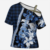 Hawaii Ukulele Cross Shoulder Shirt Tropical Flowers With Palaka Effect Blue Version - Polynesian Pride