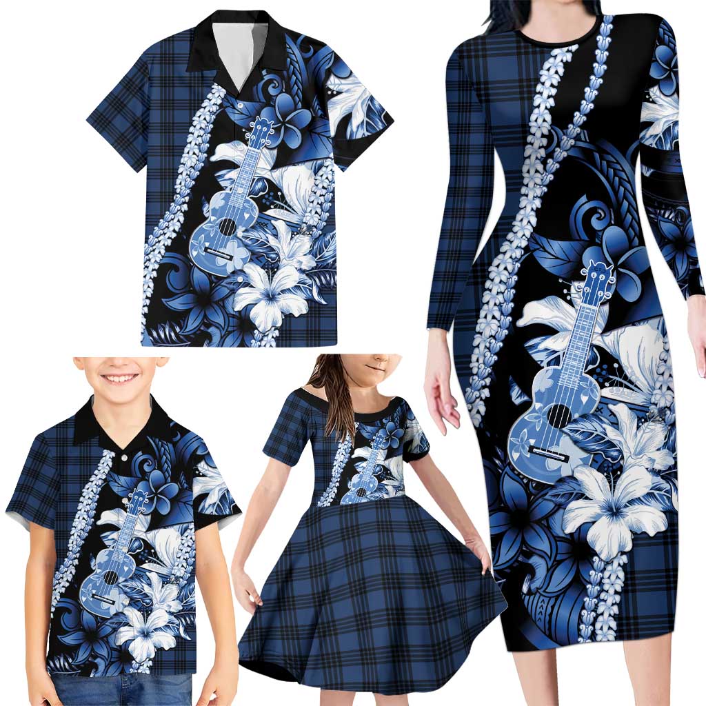 Hawaii Ukulele Family Matching Long Sleeve Bodycon Dress and Hawaiian Shirt Tropical Flowers With Palaka Effect Blue Version - Polynesian Pride